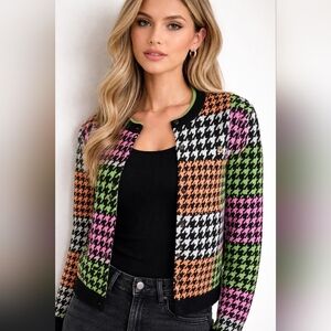 Teddy Fresh Houndstooth Colorblock Cardigan S 100% Cotton Neon Graphic Unisex
